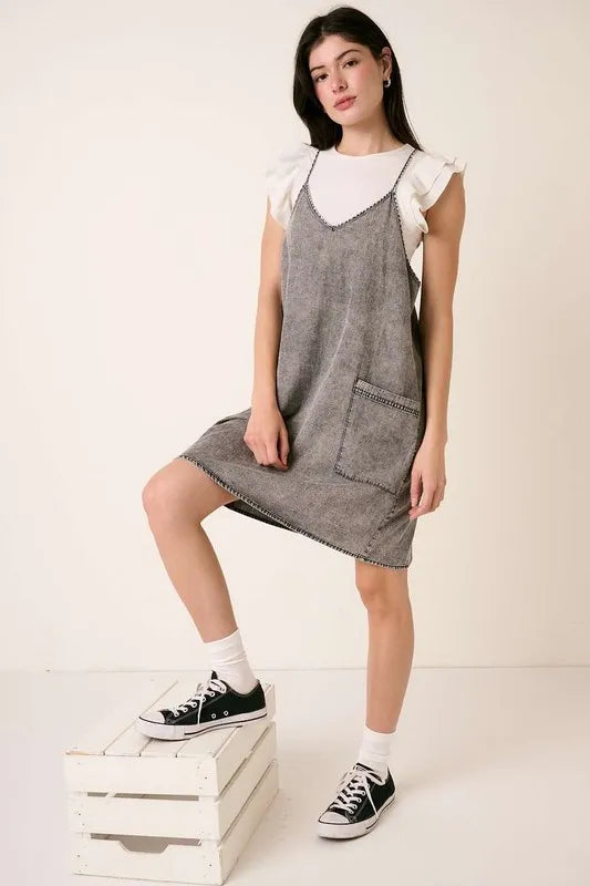 Patch Pocket Mini Cami Denim Dress in Gray by Mittoshop