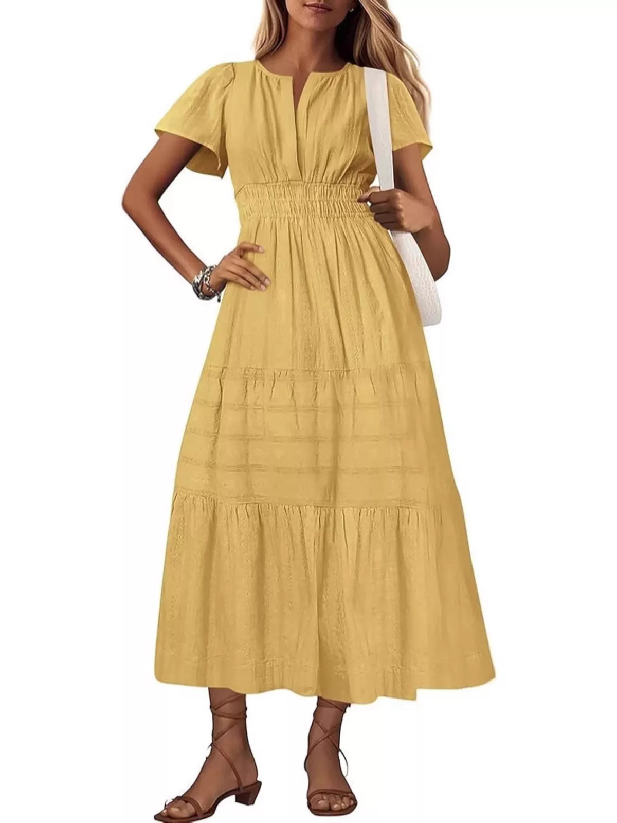 Short Sleeve Tiered Midi Dress with Pockets