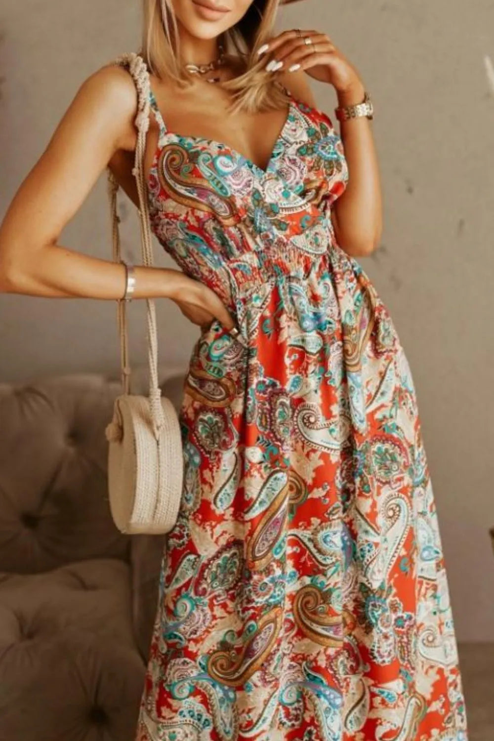 Smocked Spaghetti-Strap Printed Maxi Dress