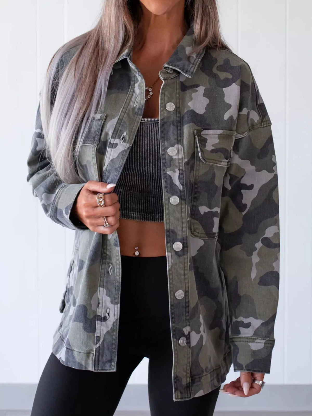 Oversized Camouflage Denim Jacket in Olive Green