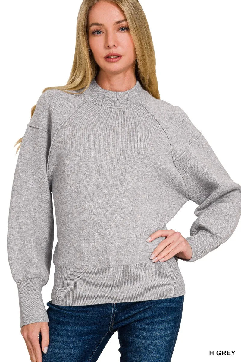 Zenana Viscose Mock Neck Exposed Seam Sweater in Heather Grey in H grey