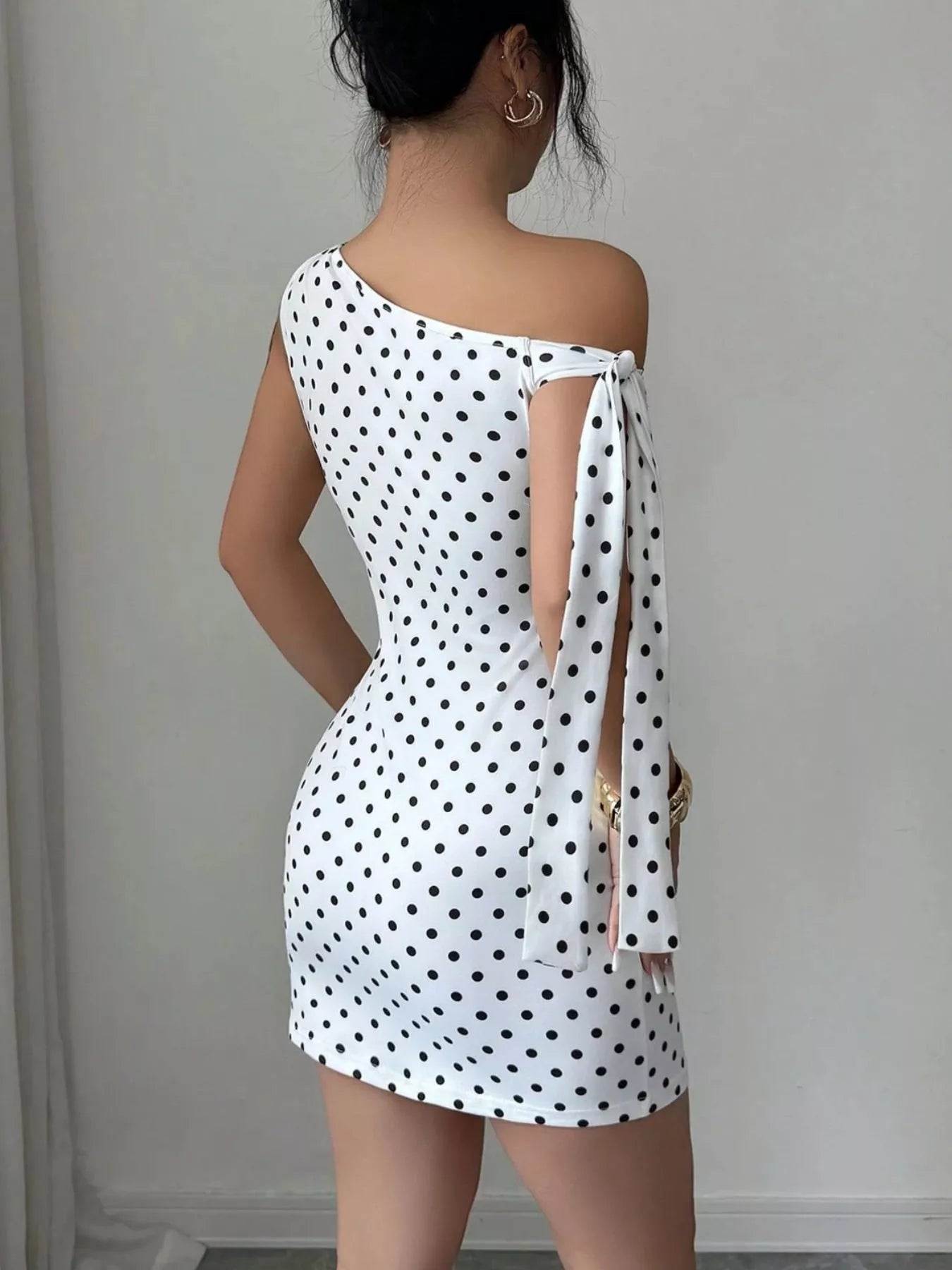 One-Shoulder Polka Dot Bodycon Mini Dress in White