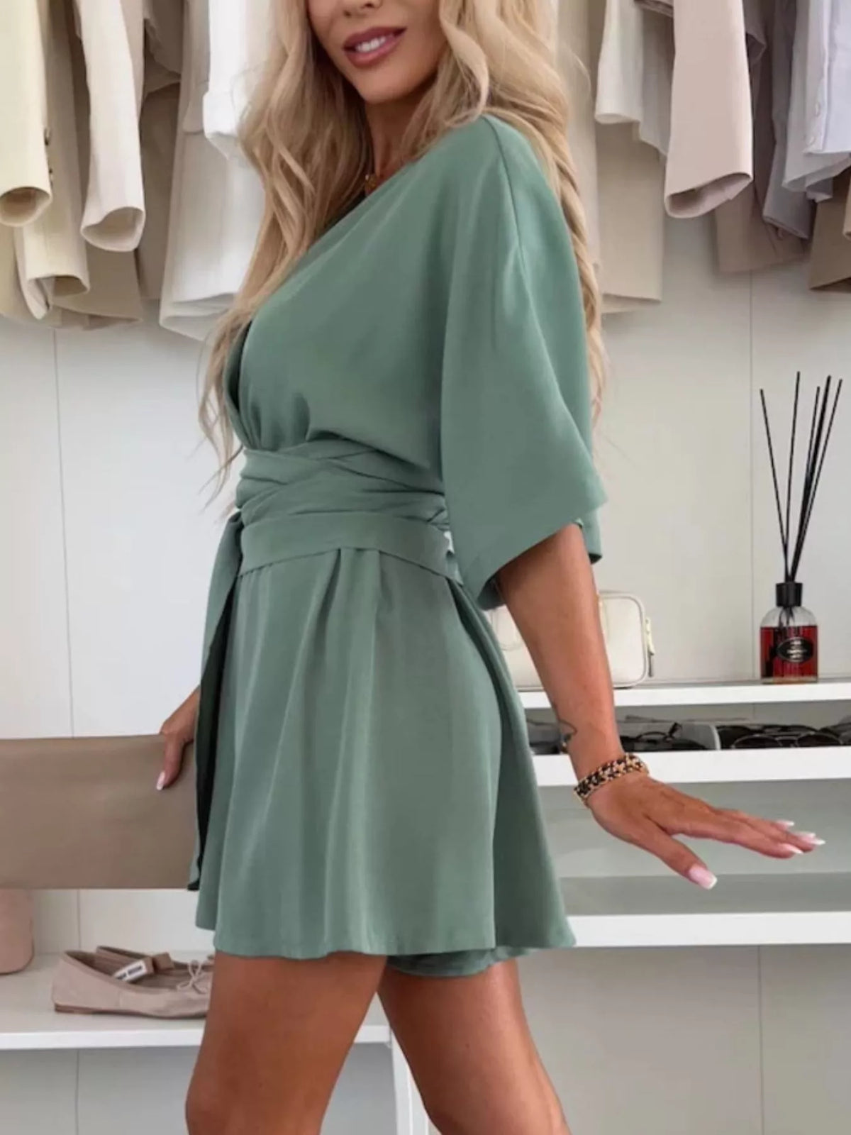 Belted Surplice Tie-Waist Romper