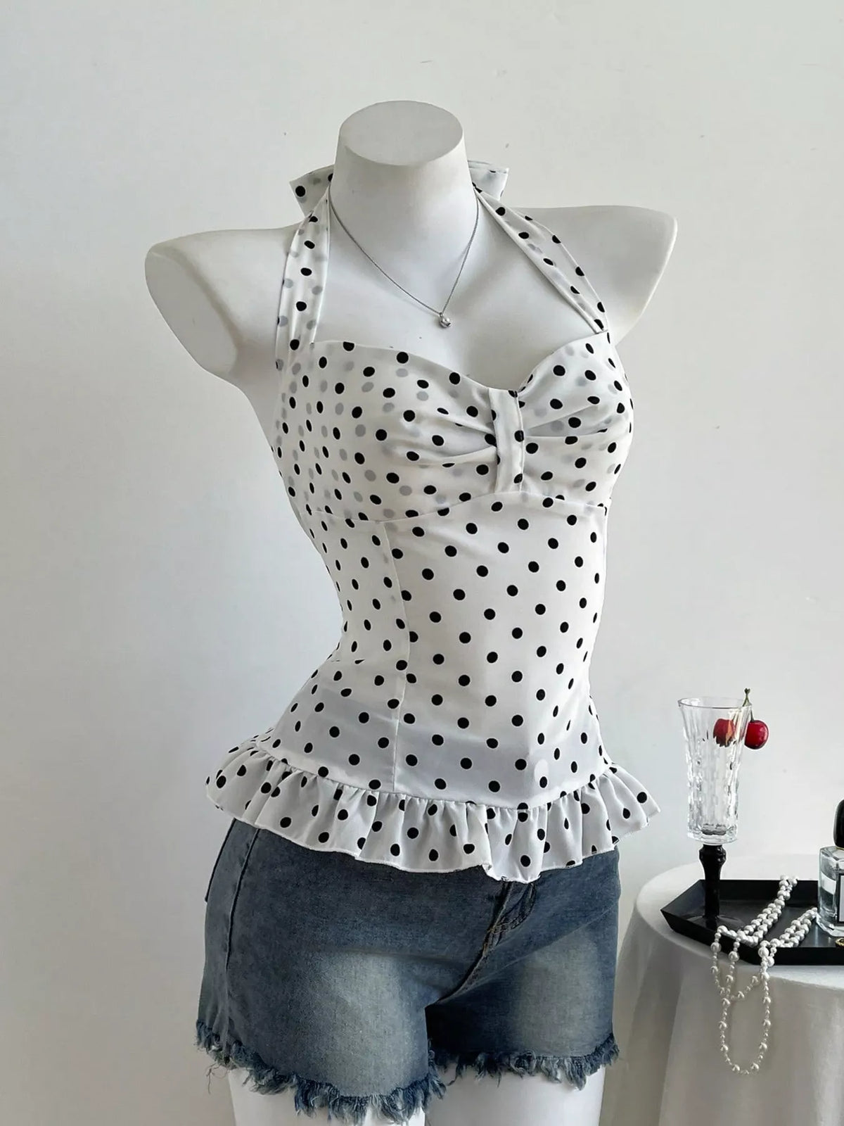 Polka Dot Halter Neck Cami in Black