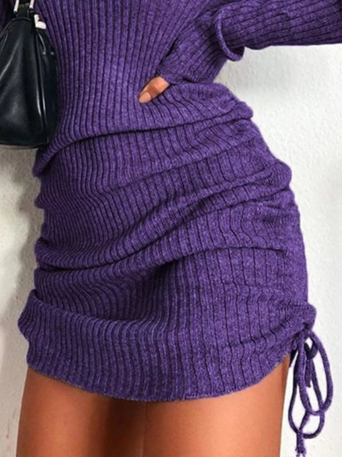 Ribbed Knit Drawstring Bodycon Sweater Dress