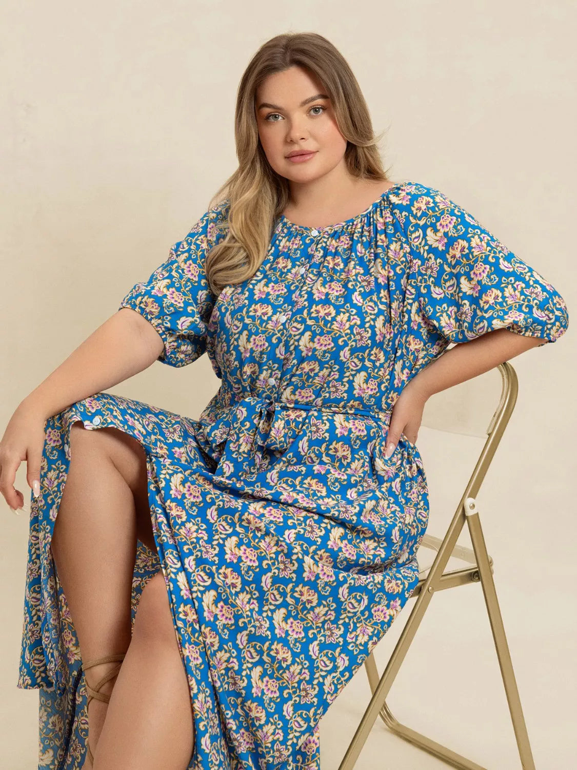 Plus Size Floral Maxi Dress with Side Slit in Blue