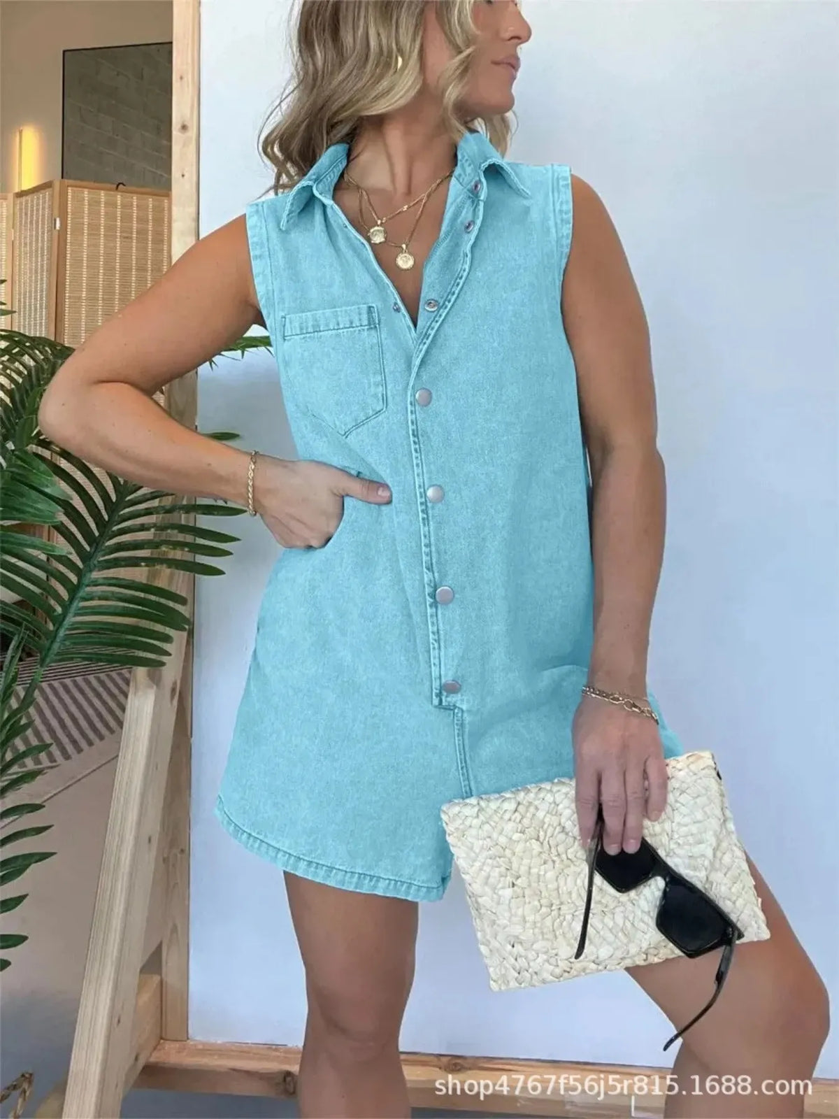 Button-Front Sleeveless Denim Romper