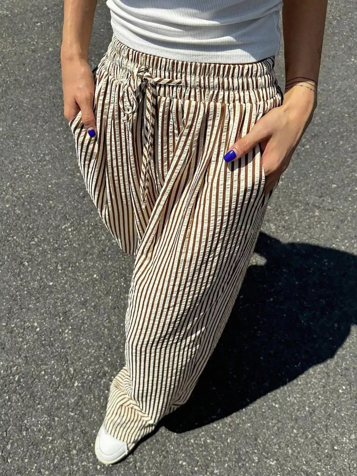 Striped Drawstring Wide Leg Pants