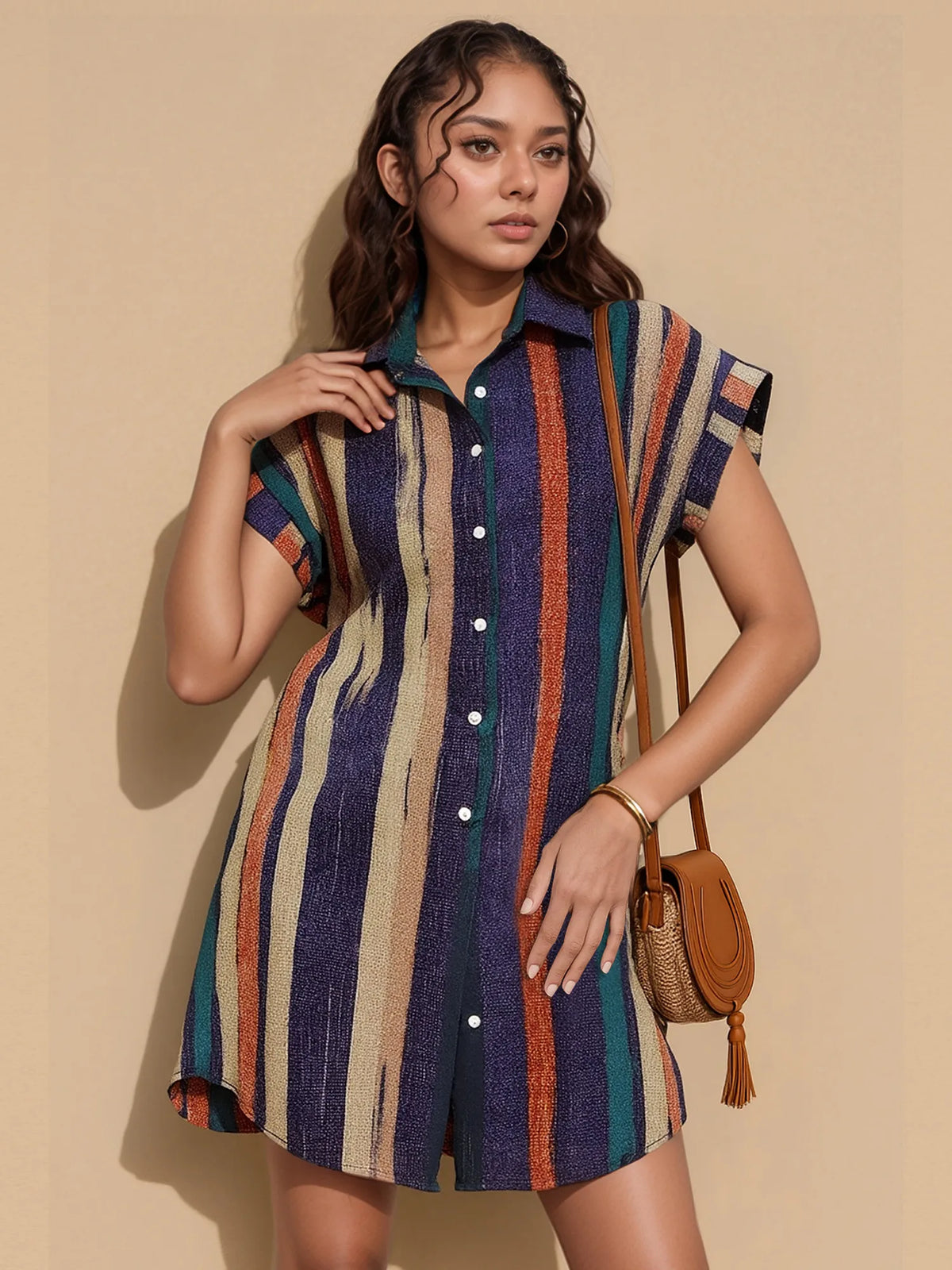 Striped Button-Front Shirt Dress in Navy Blue