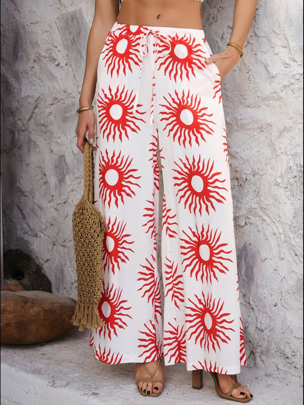 Drawstring Printed Wide Leg Pants