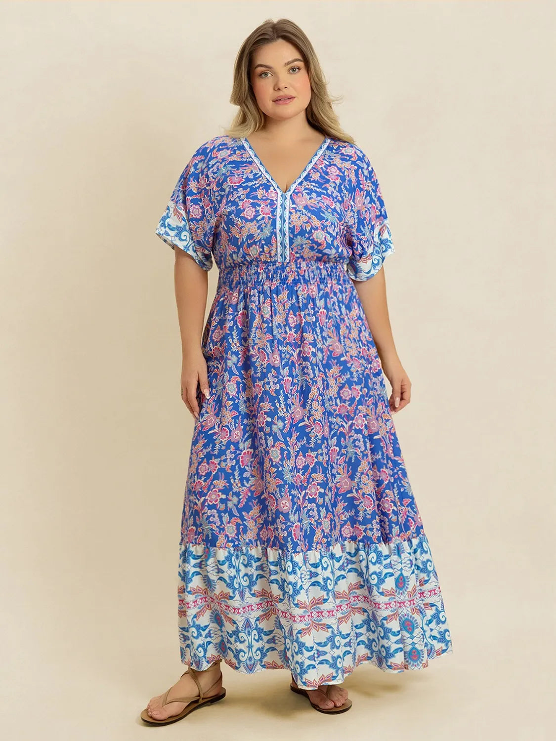 Smocked Printed Midi Dress in Blue Purple