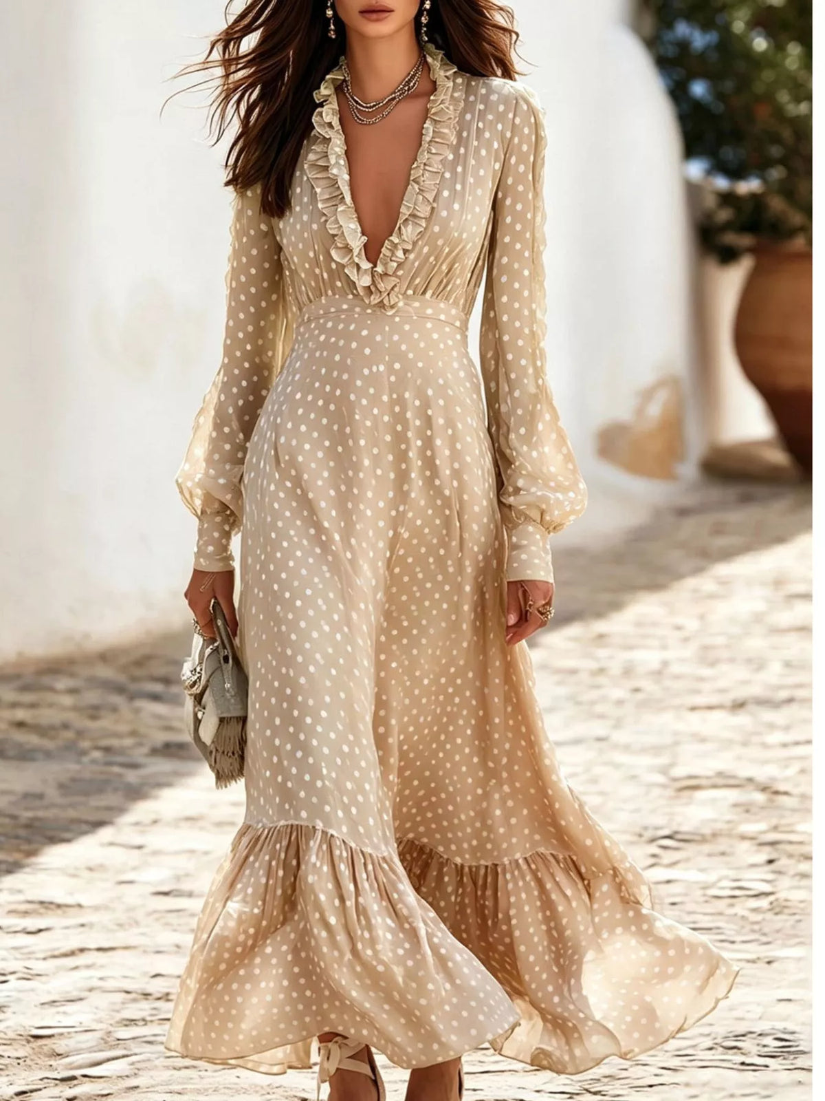 Polka Dot Ruffle V-Neck Maxi Dress