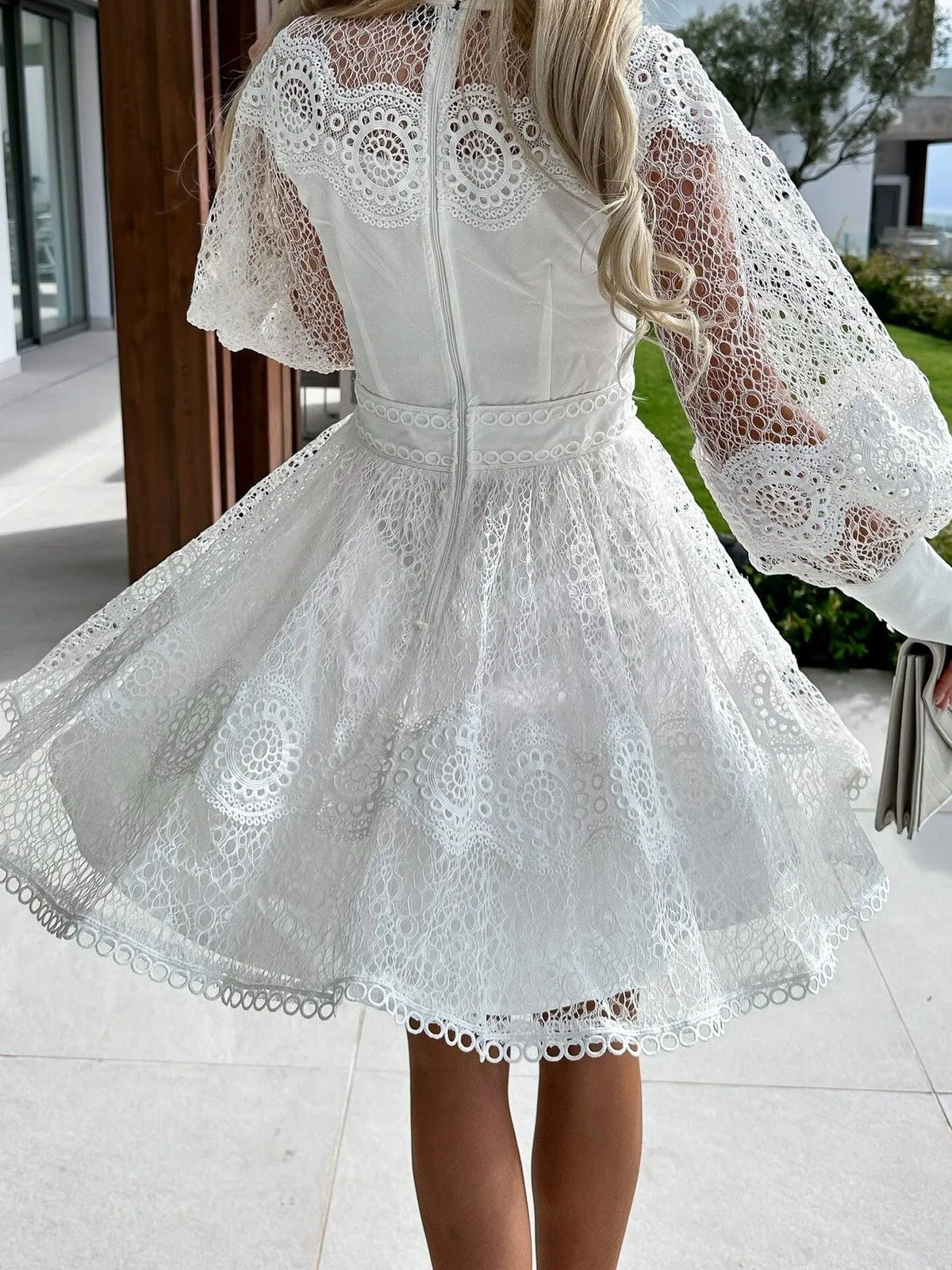 Lace Lantern Sleeve Mini Dress
