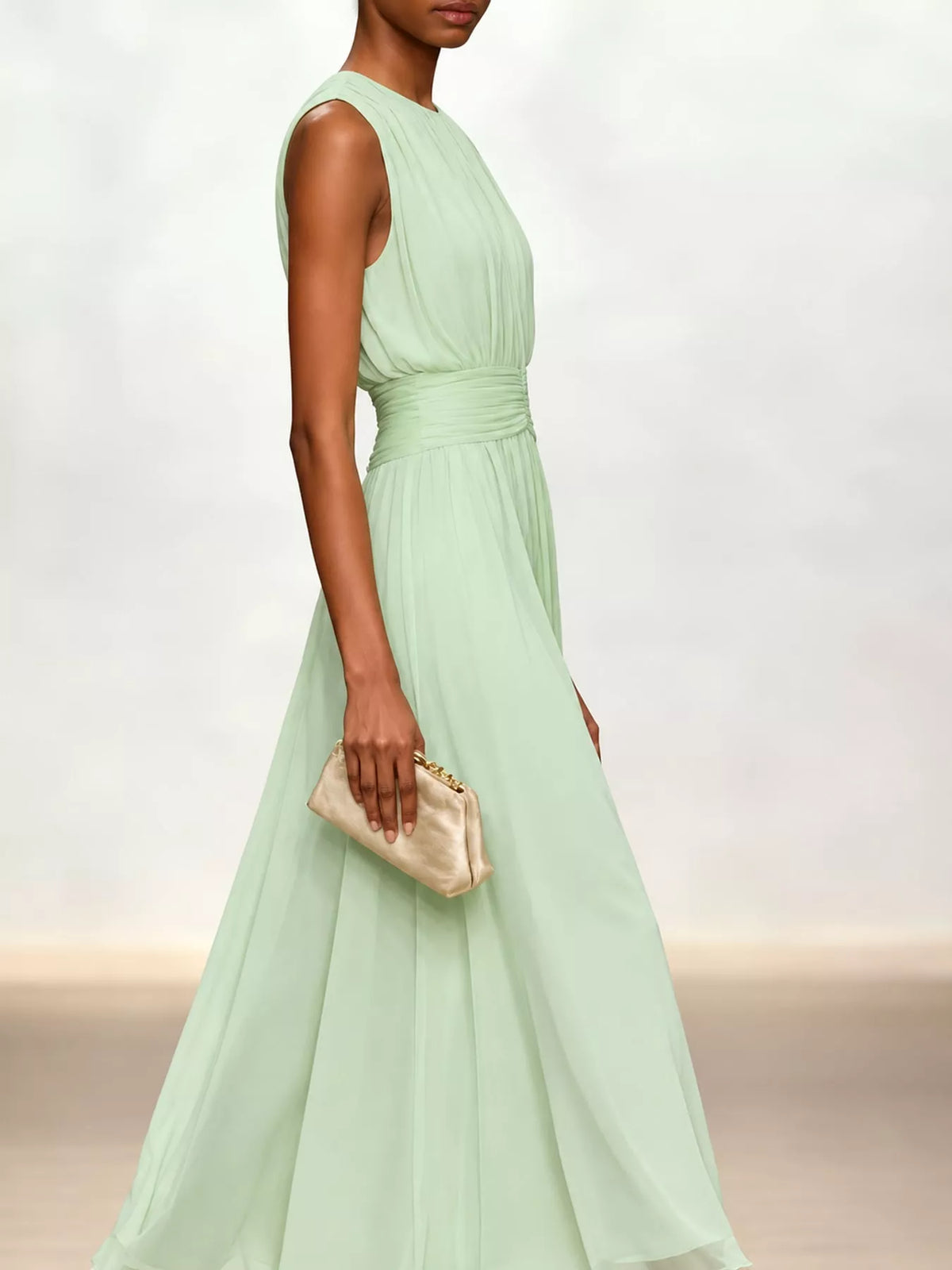 Sleeveless Ruched Chiffon Maxi Dress