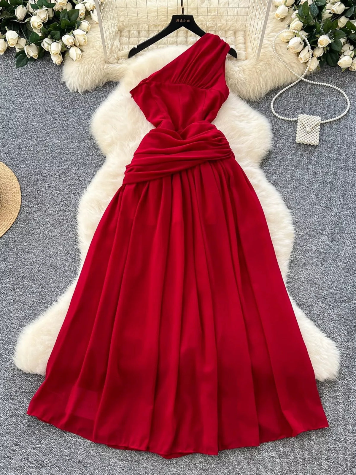One-Shoulder Floral Dress in Red