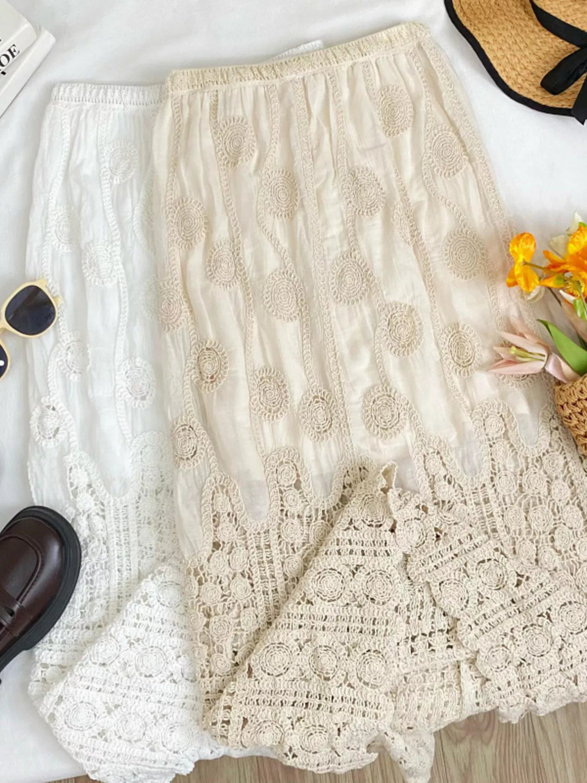 Lace Elastic-Waist Midi Skirt