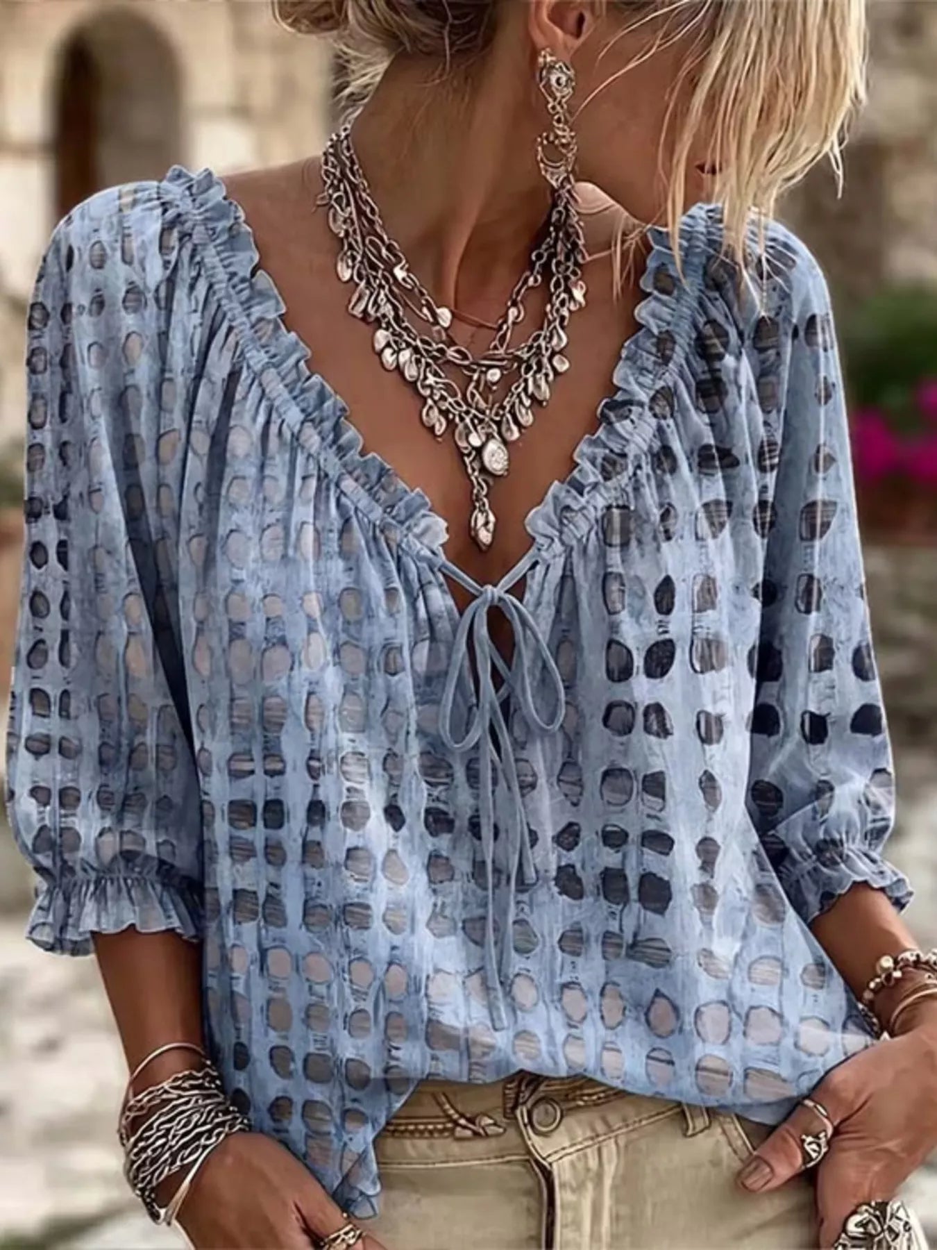 Tie Neck Ruffle Blouse