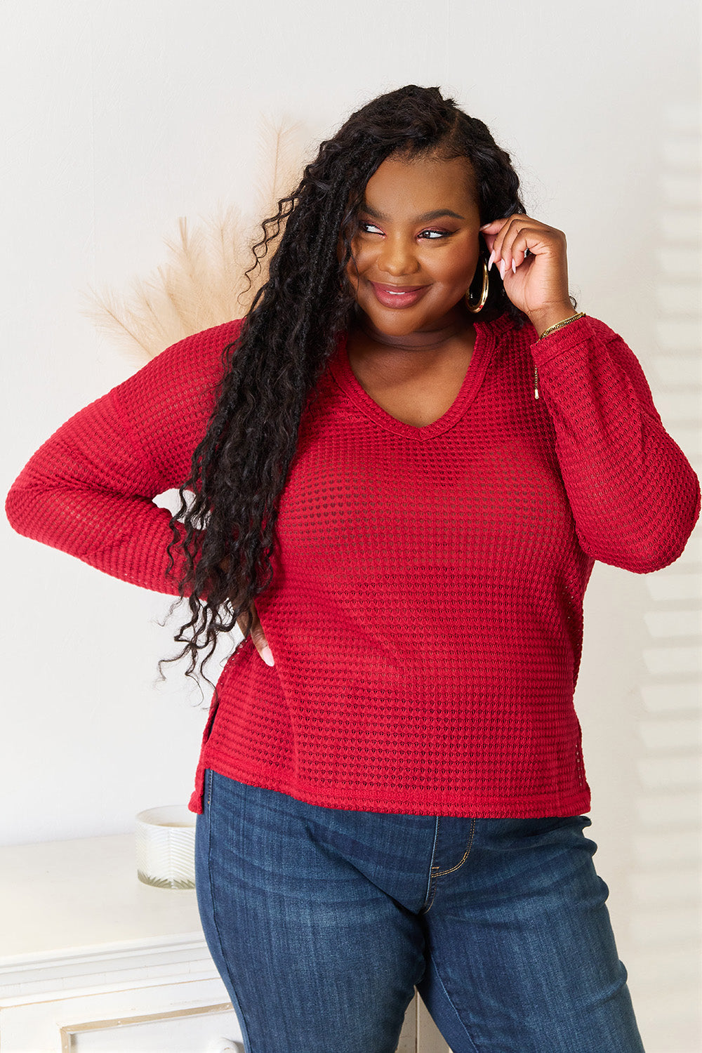 Culture Code Wide Notch Waffle Knit Top in Red