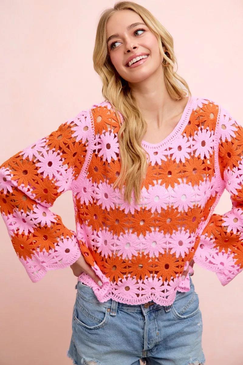 Flower Crochet Knit Top in Pink/Red by BiBi