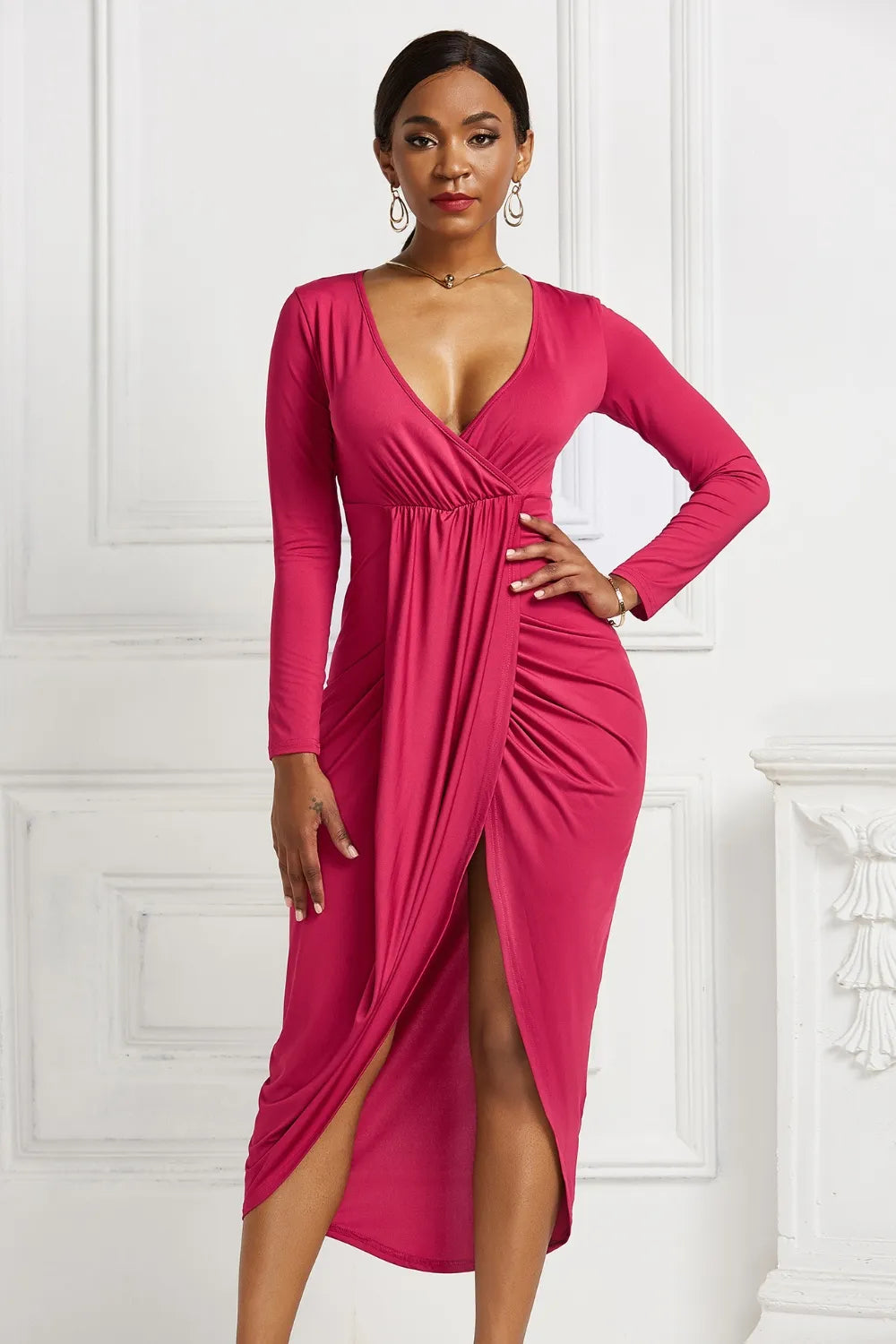 Ruched Surplice Long Sleeve High-Low Dress