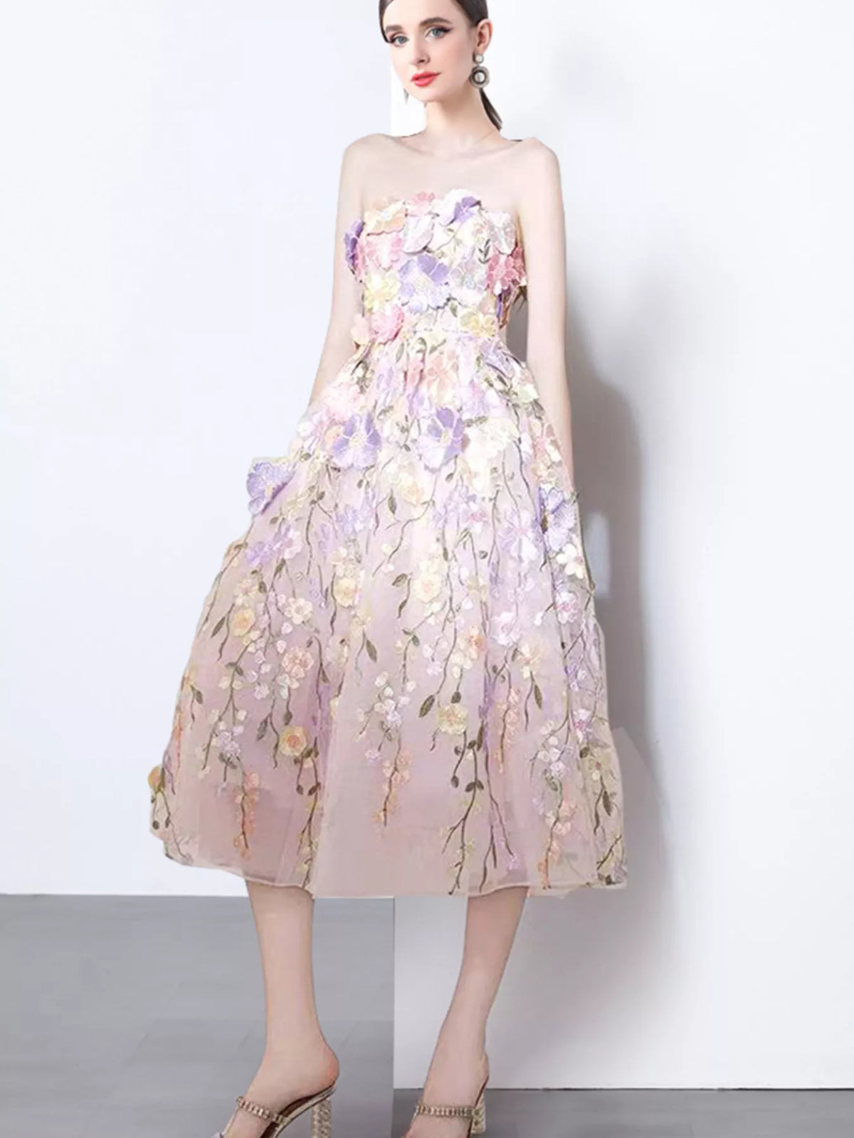 Strapless Floral Applique Midi Dress with Lace Detail