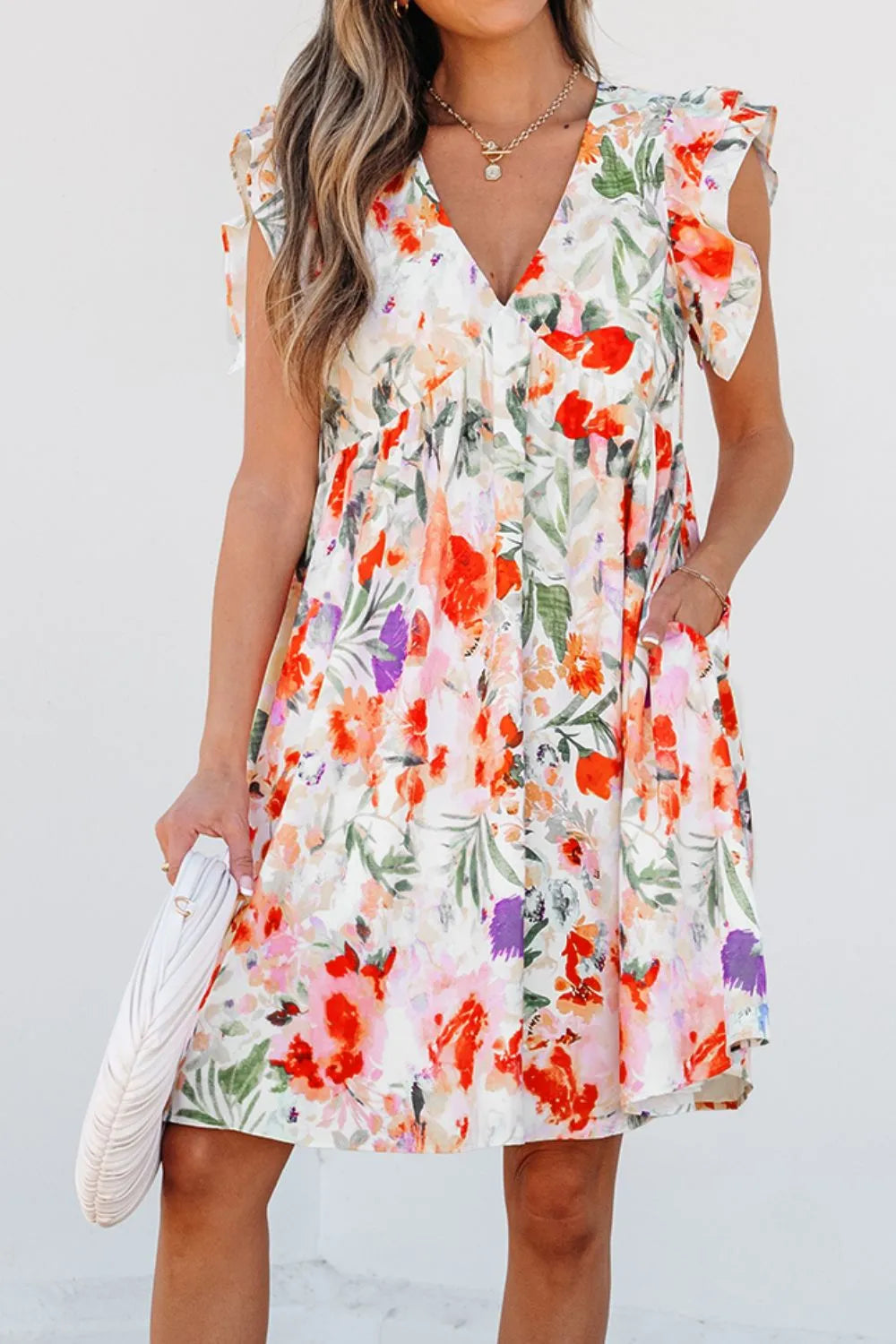 Floral V-Neck Mini Dress with Ruffle Sleeves