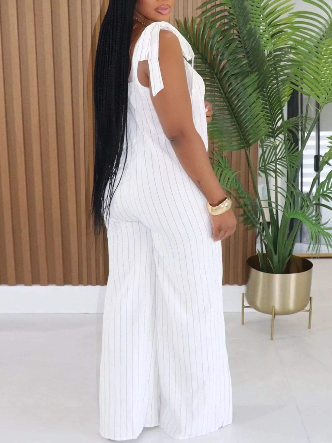 Striped Tie-Shoulder Wide-Leg Jumpsuit in White