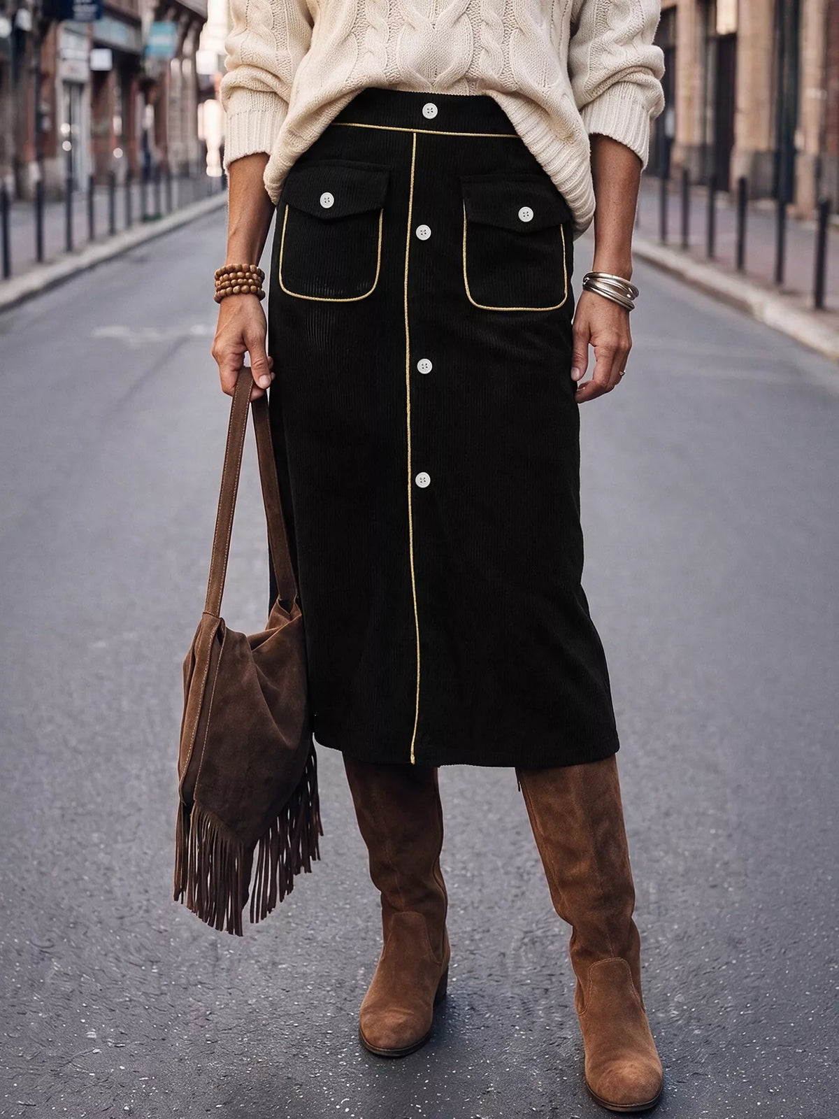 Corduroy Midi Skirt in Black