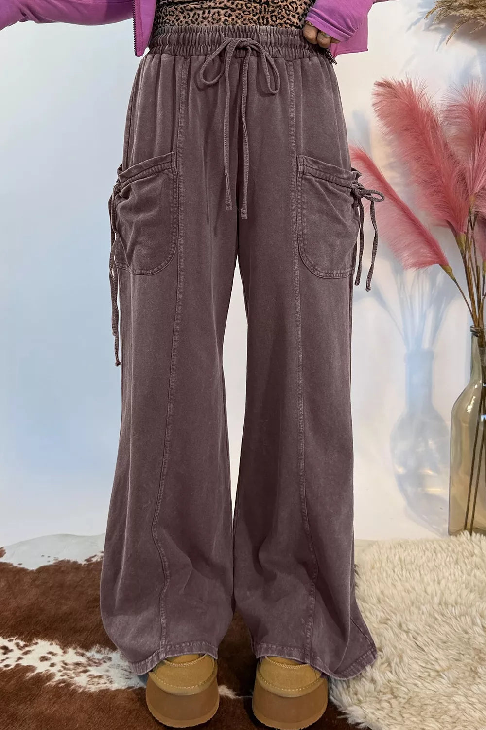 Mineral-Wash Tie-Detail Cargo Pants in Dark Brown