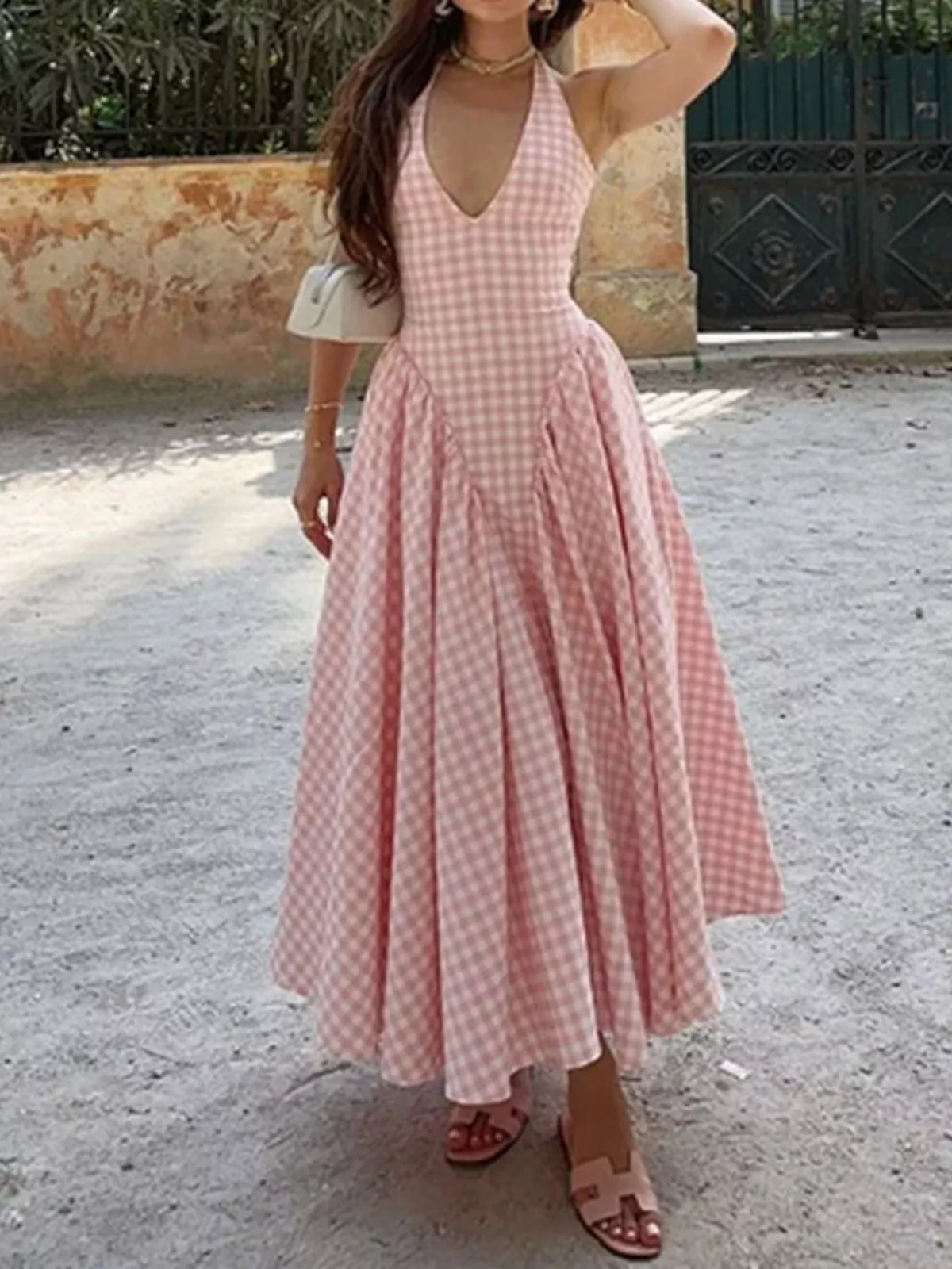 Gingham Halter Neck Maxi Dress in Blush Pink