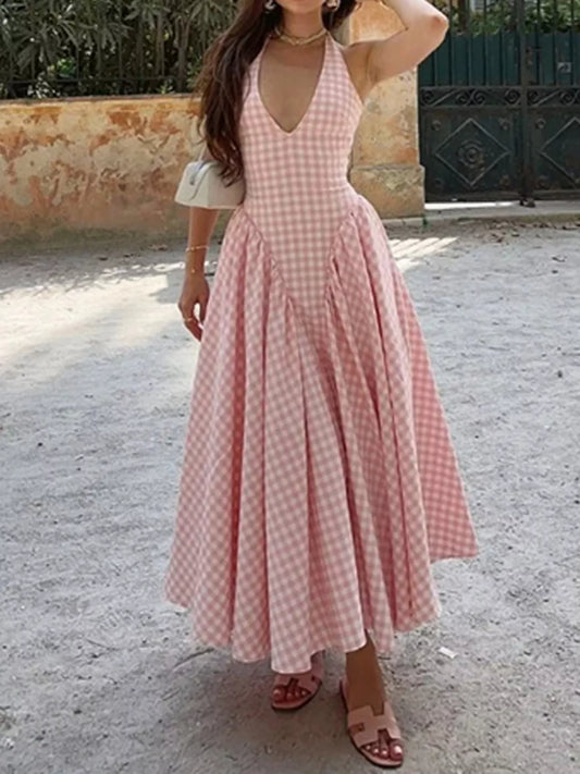 Gingham Halter Neck Maxi Dress in Blush Pink