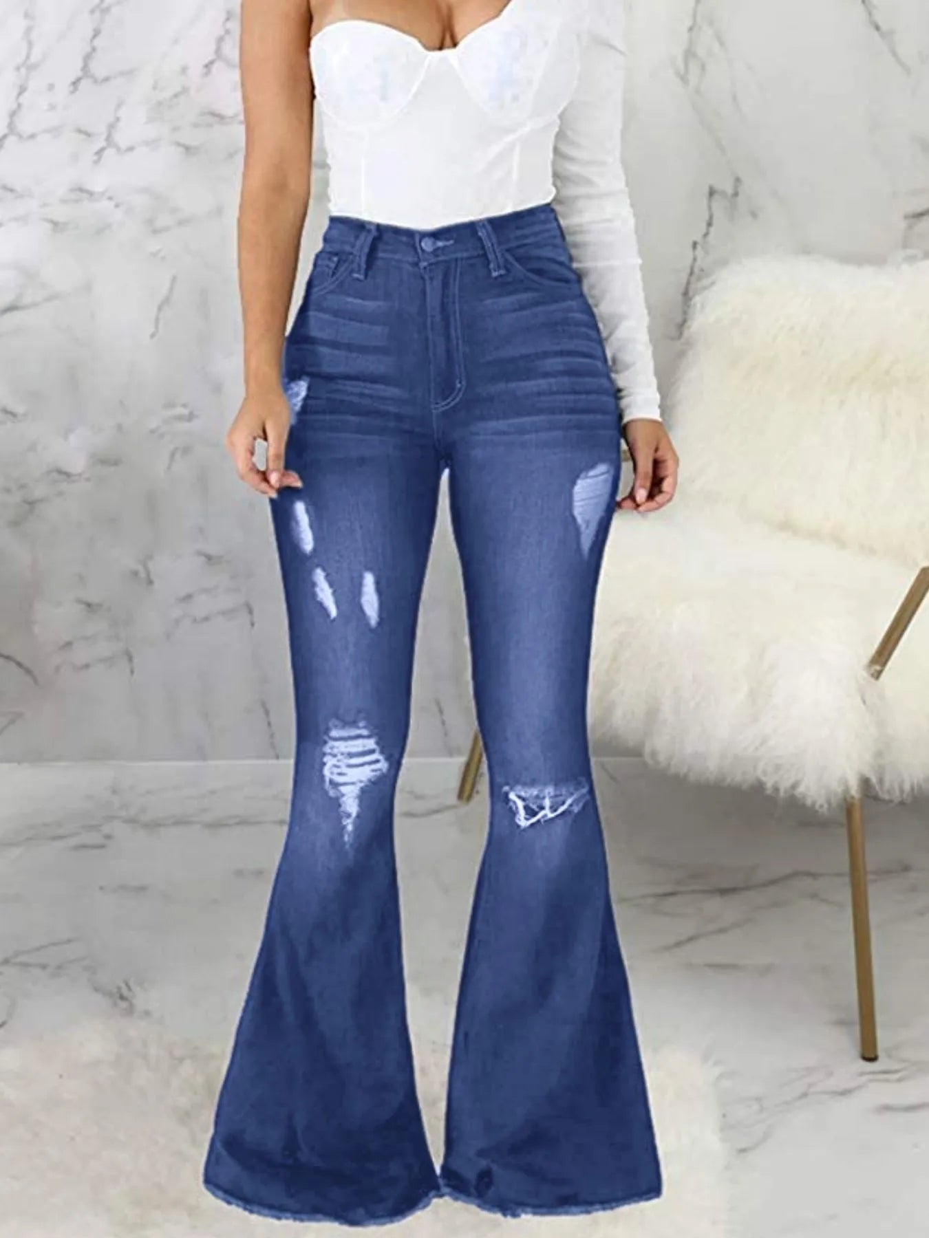 Distressed Raw Hem Flare Jeans