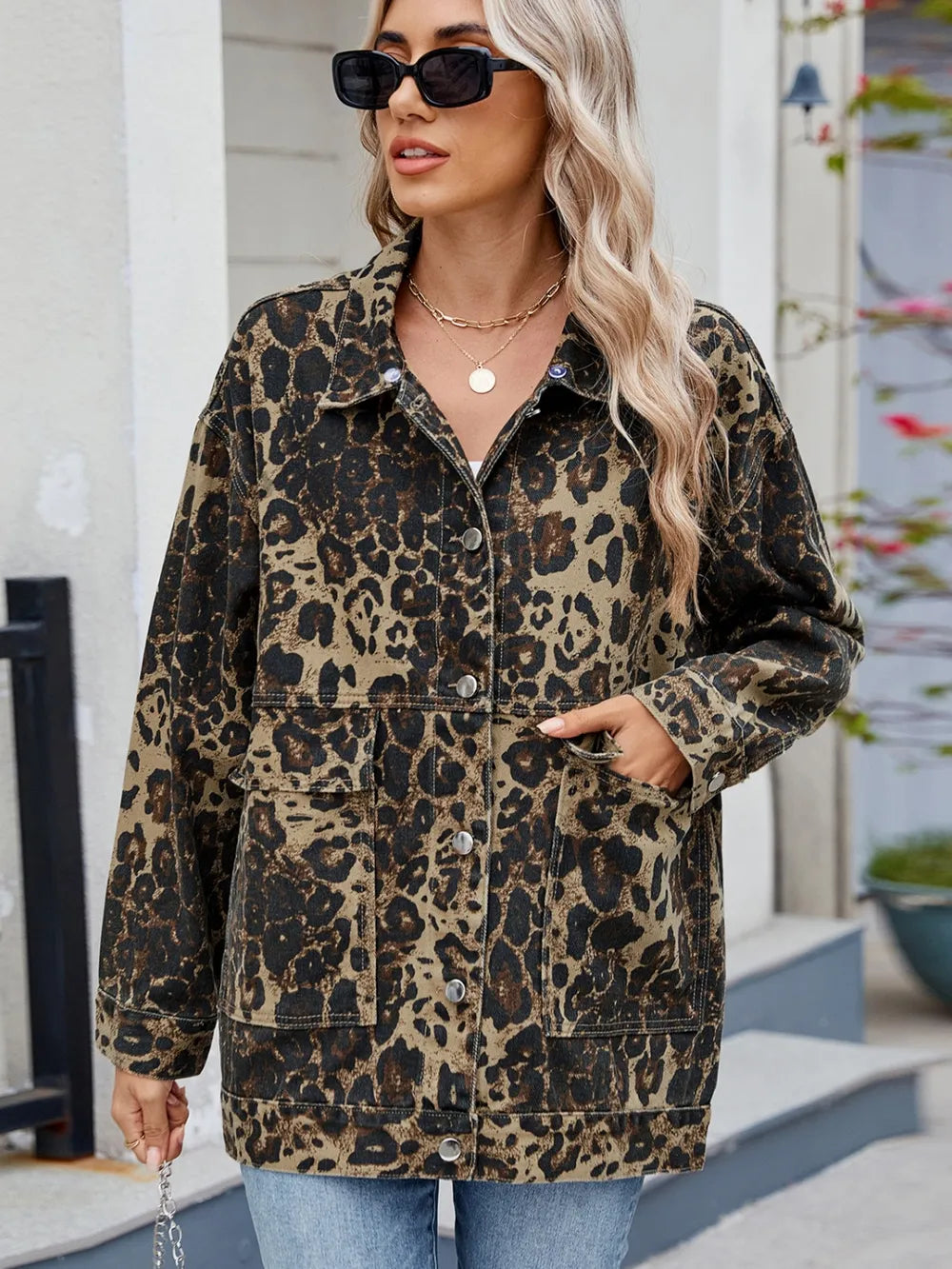 Leopard Print Denim Jacket with Removable Hat by Moni Wear