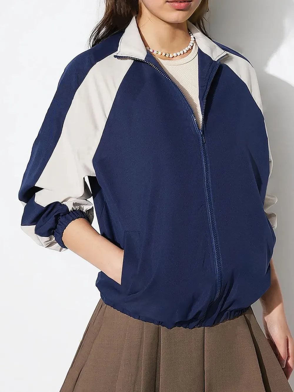 Contrast Zip-Up Jacket in Dark Blue