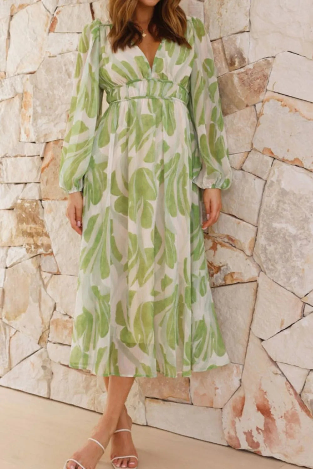 Ruched V-Neck Long Sleeve Midi Dress in Light Green