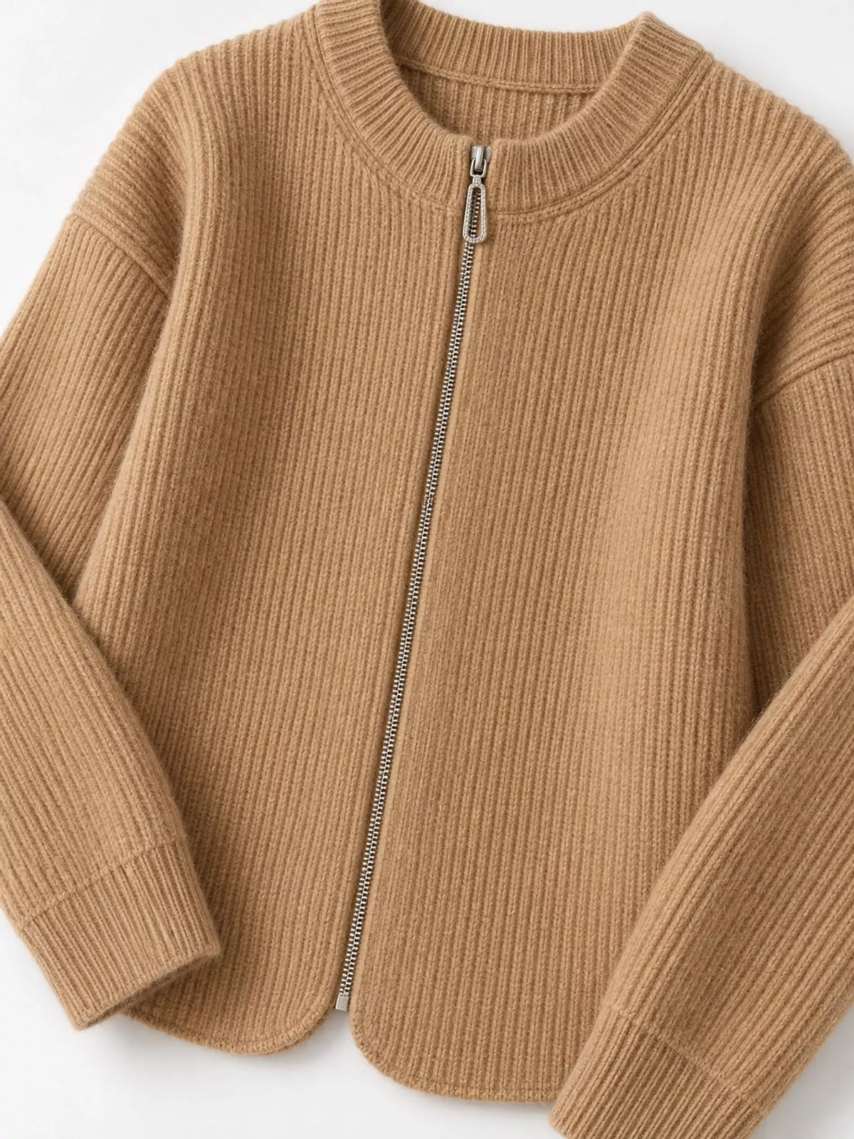 Zip-Up Dropped Shoulder Ribbed Cardigan