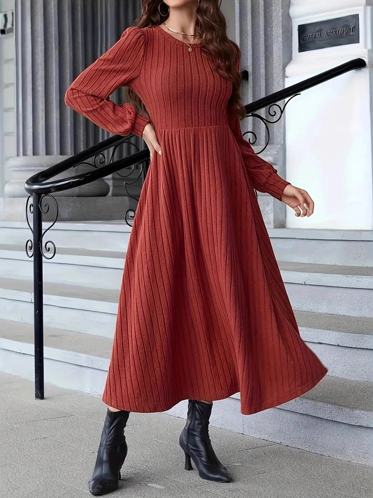 Ribbed Sweater Dress in Rust