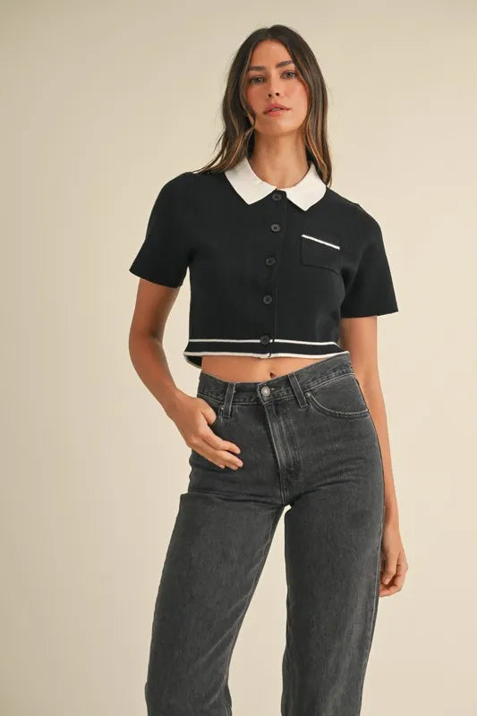Contrast-Collar Button-Down Cardigan in Black