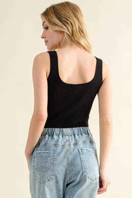 And The Why Ribbed Square Neck Bodysuit in Black