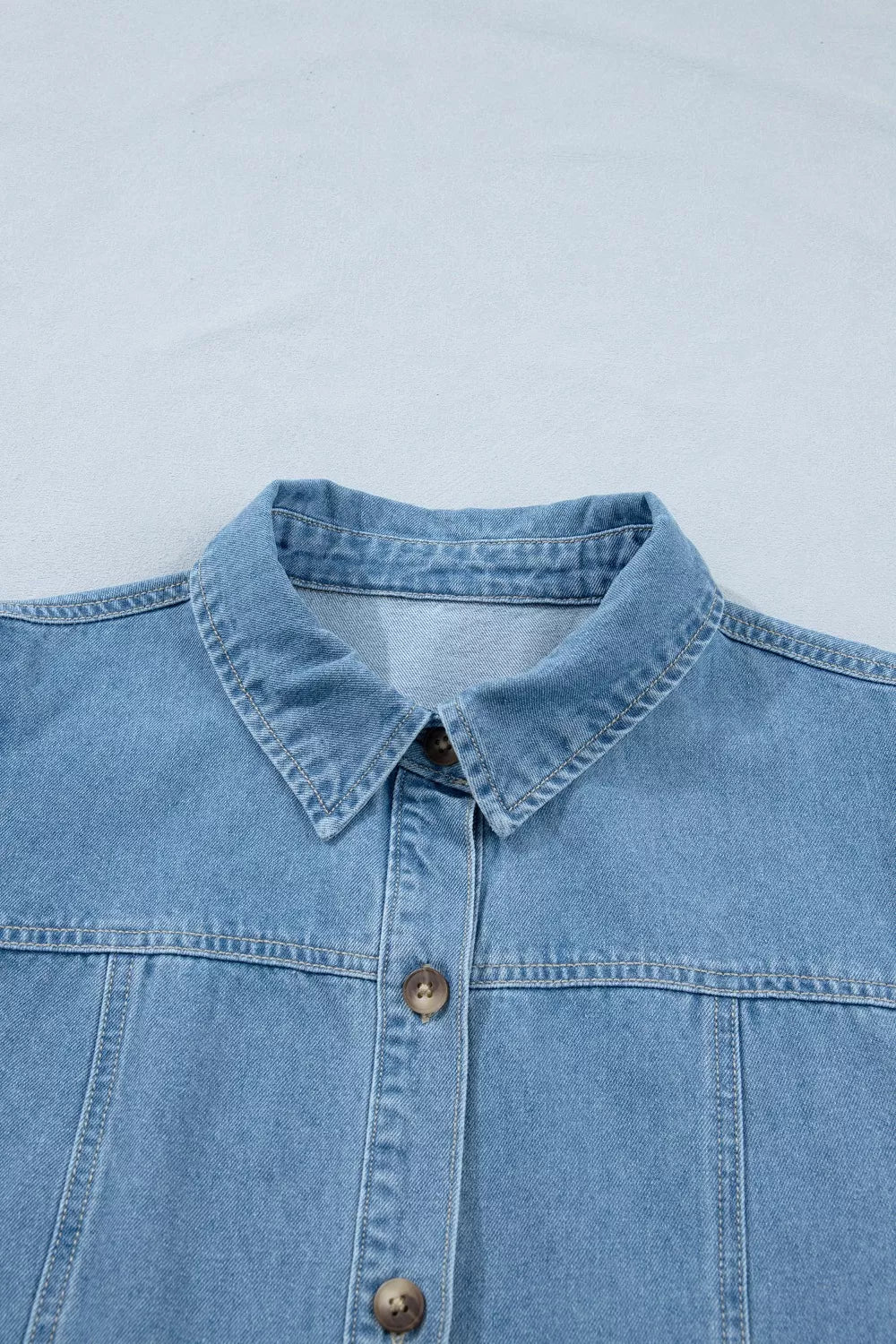 Puff Sleeve Ruffle Hem Denim Shirt Dress in Light Blue