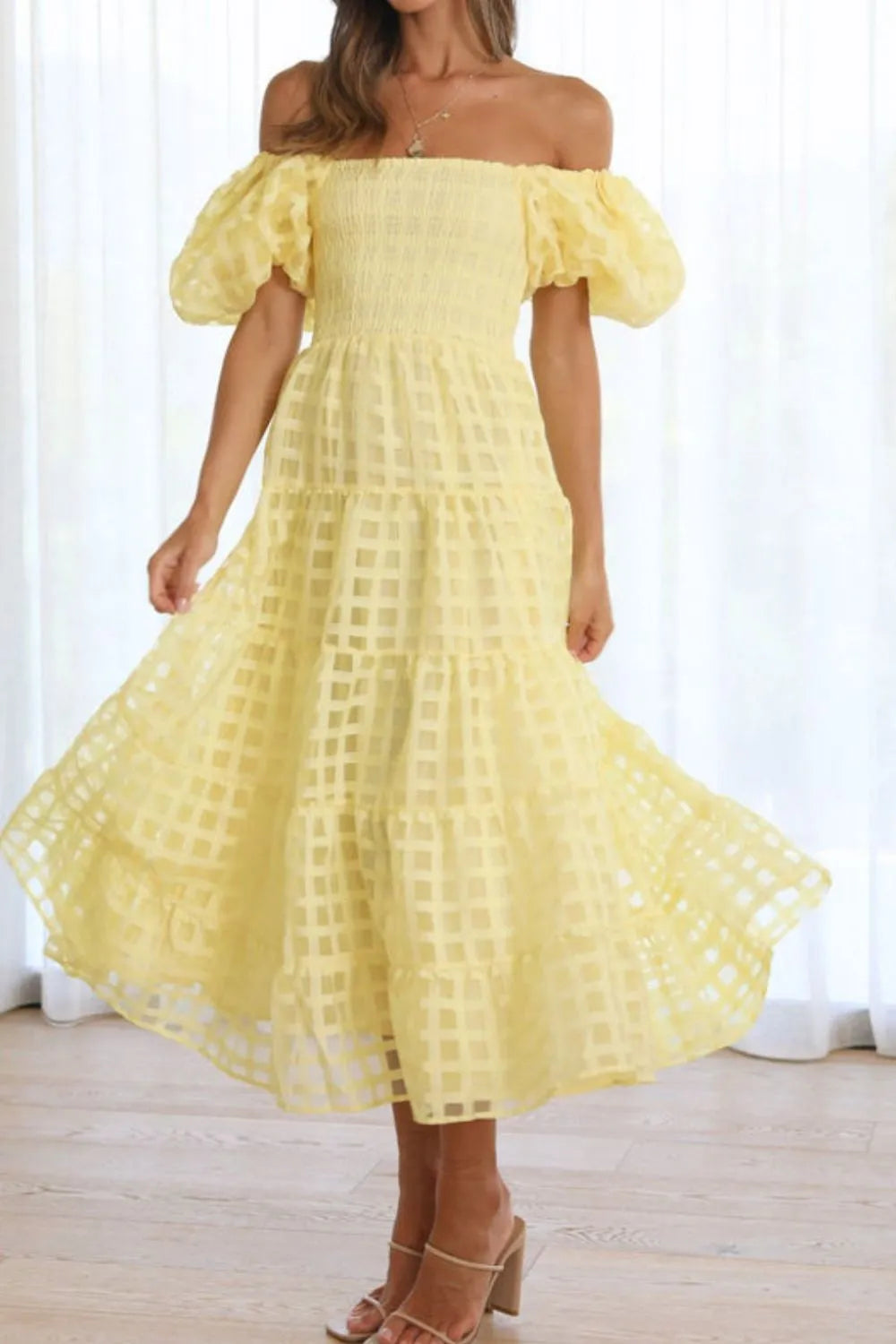 Off Shoulder Puff Sleeve Midi Dress