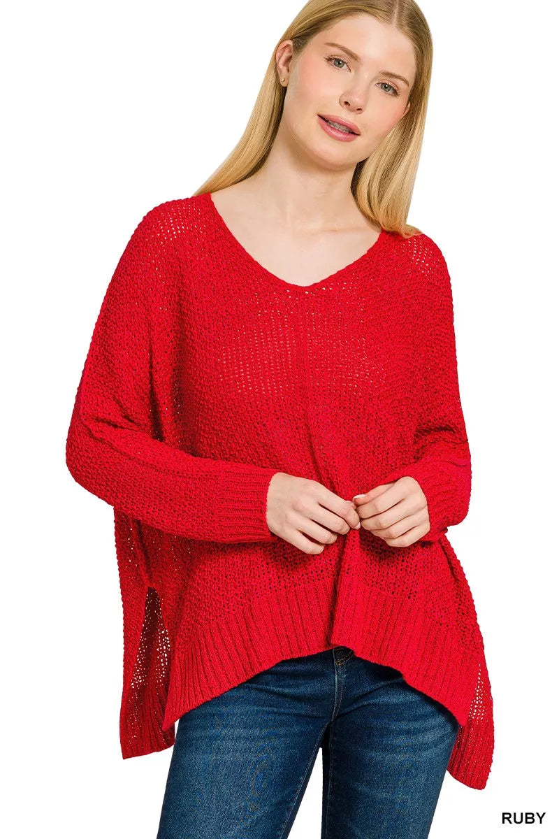 Zenana Dolman Sleeve V-Neck Sweater in Ruby