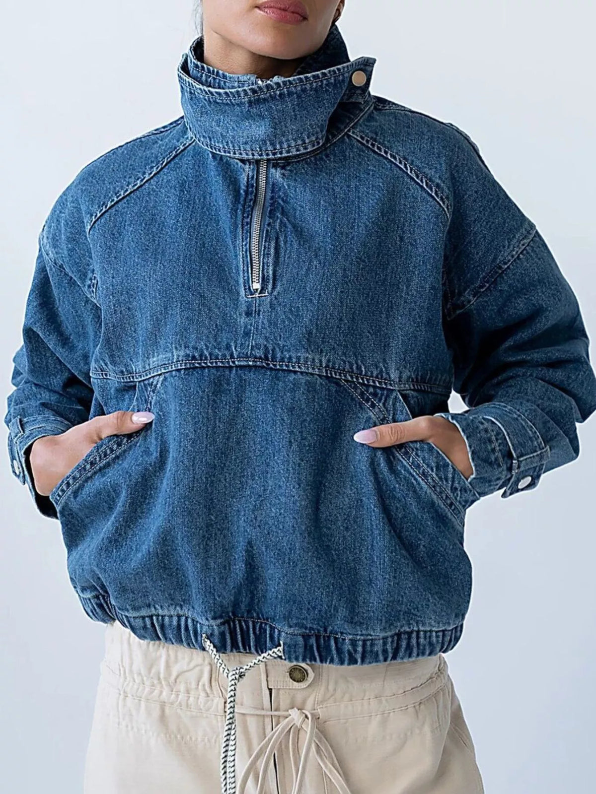 Half-Zip Turtleneck Denim Top in Blue