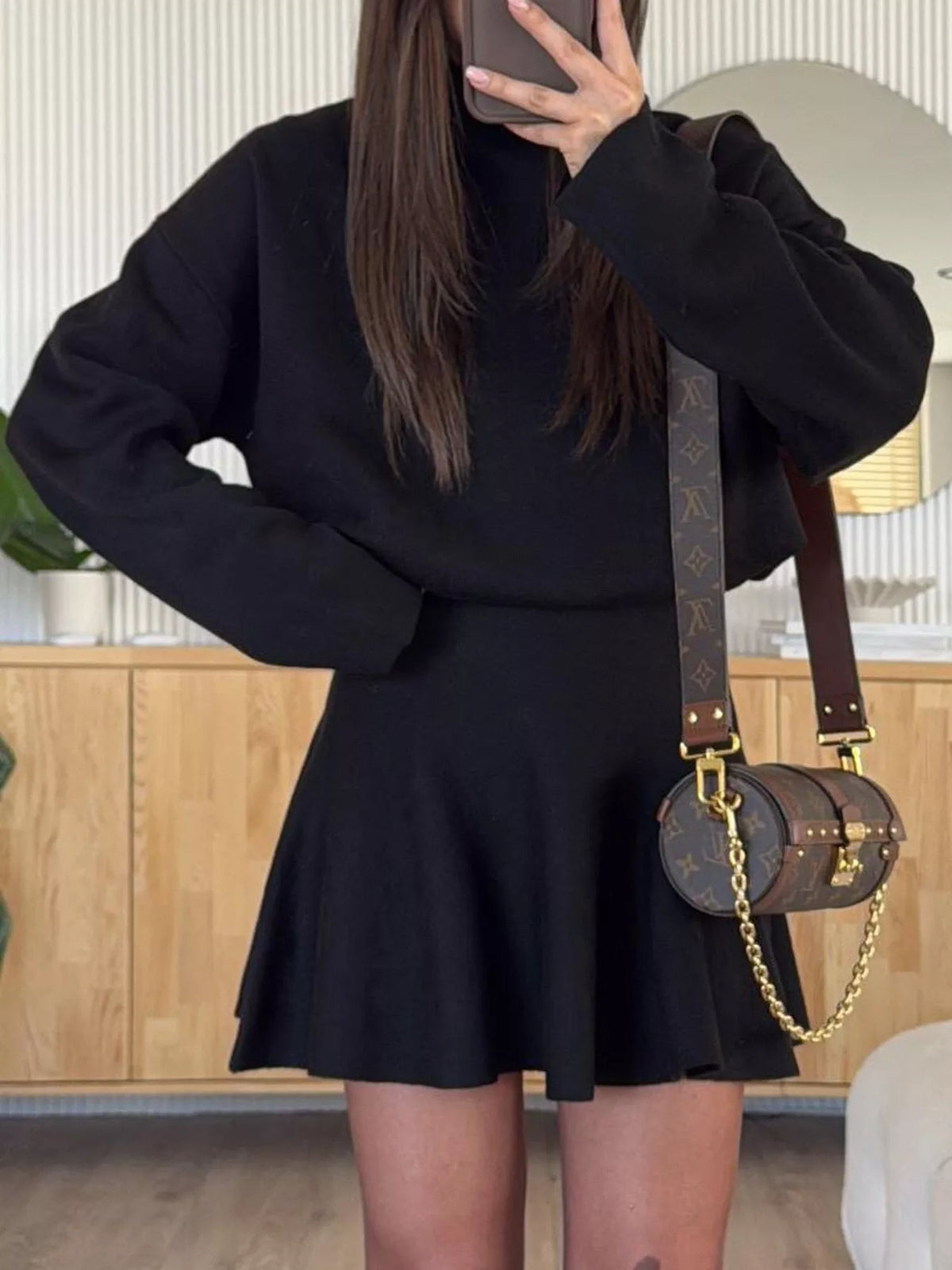 Mock Neck Knit Top and Flared Skirt Set