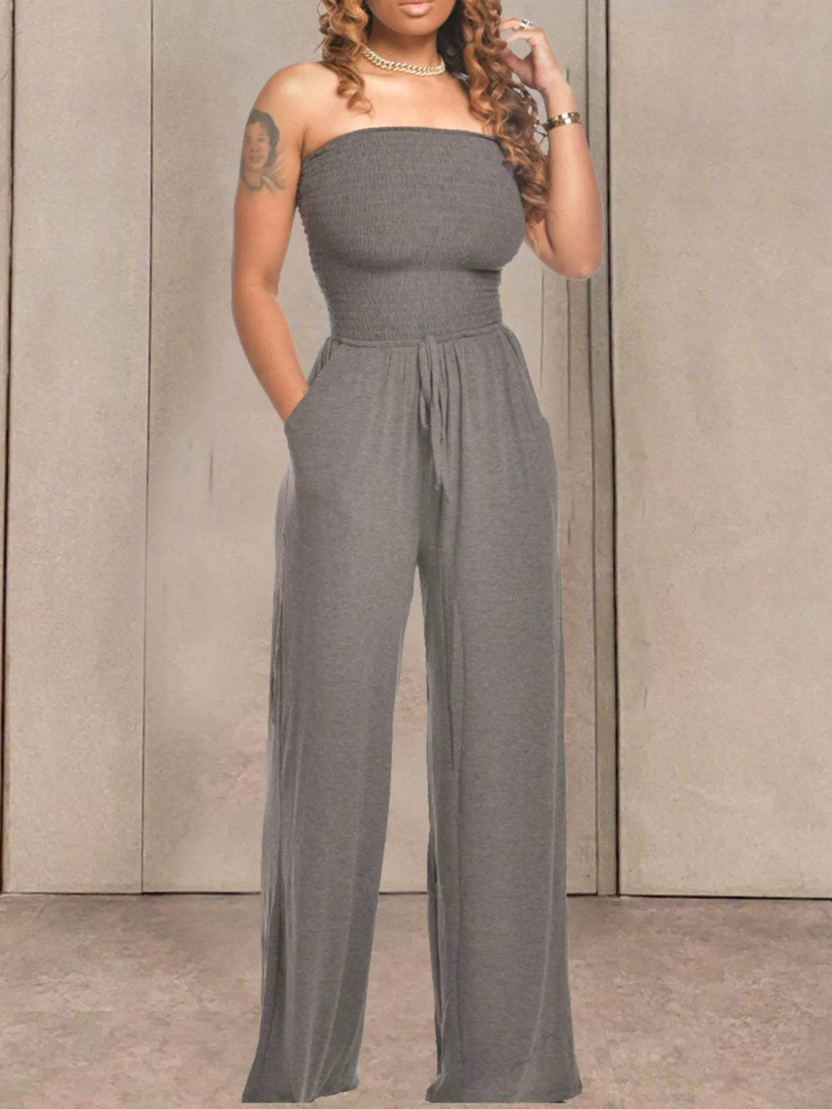 Smocked Strapless Wide-Leg Jumpsuit