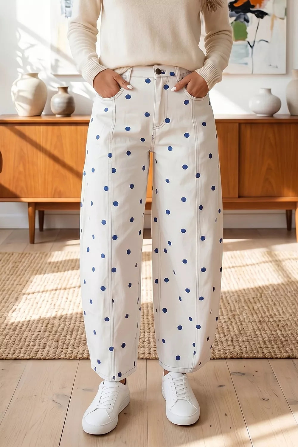 Polka Dot Wide-Leg Jeans in Light Blue