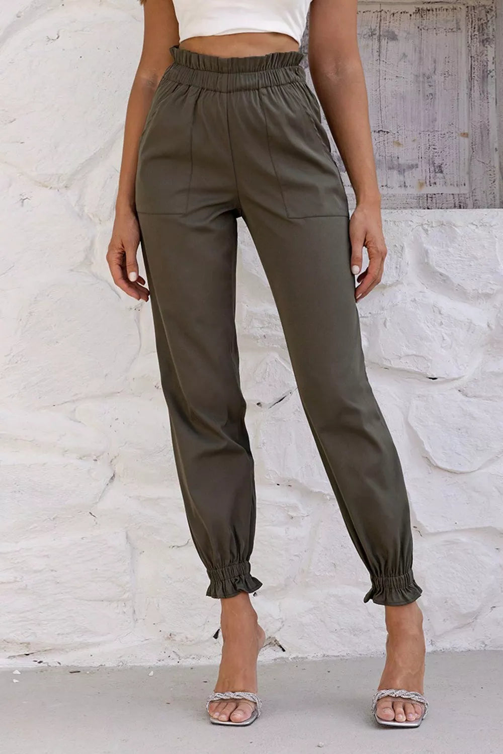 Paperbag Waist Pants in Olive Brown