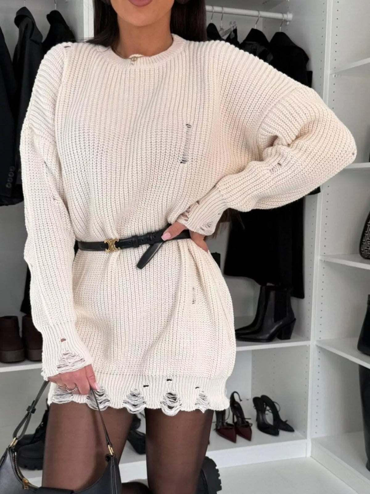 Distressed Round Neck Sweater Dress