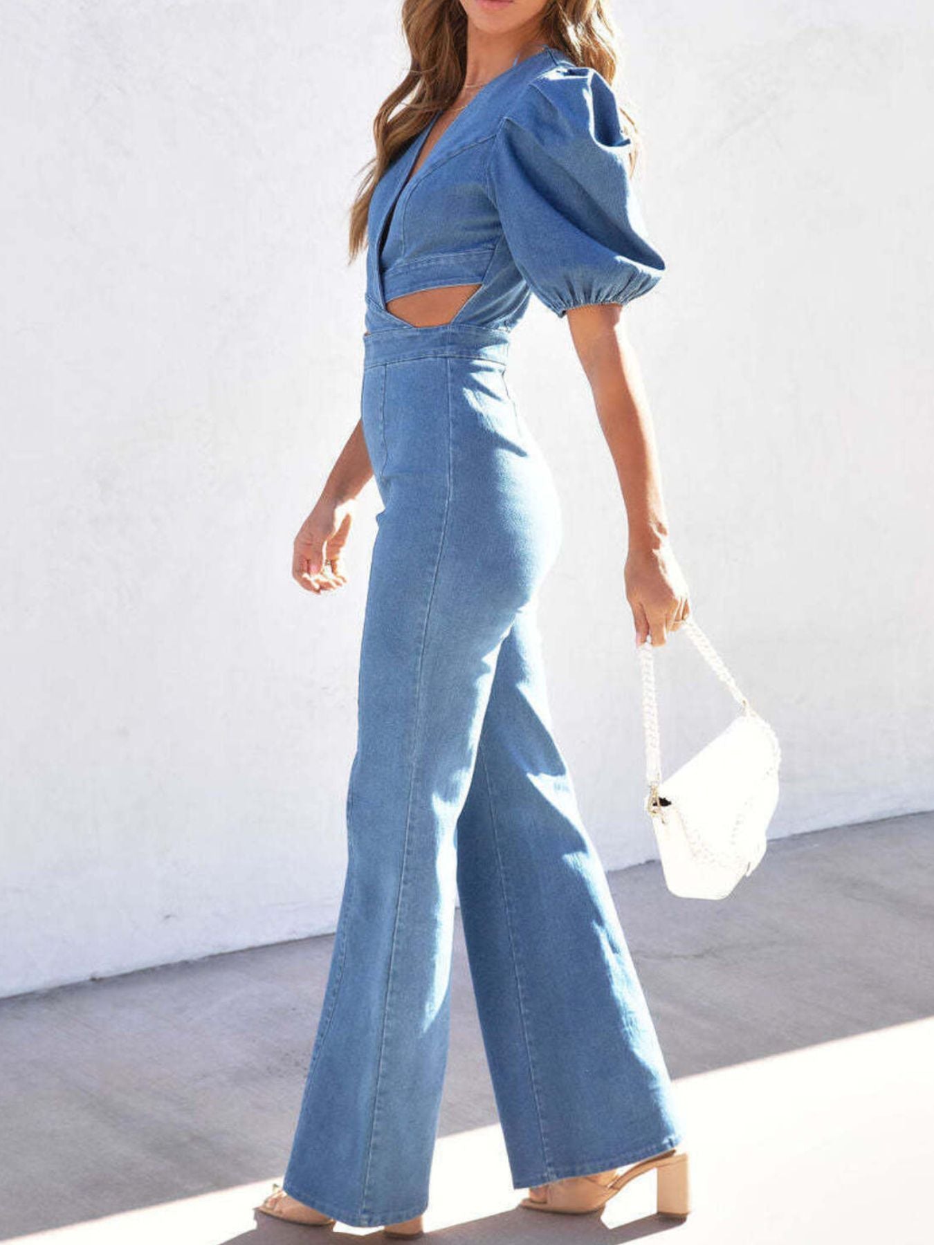 Cutout Puff Sleeve Denim Jumpsuit by Yolan House