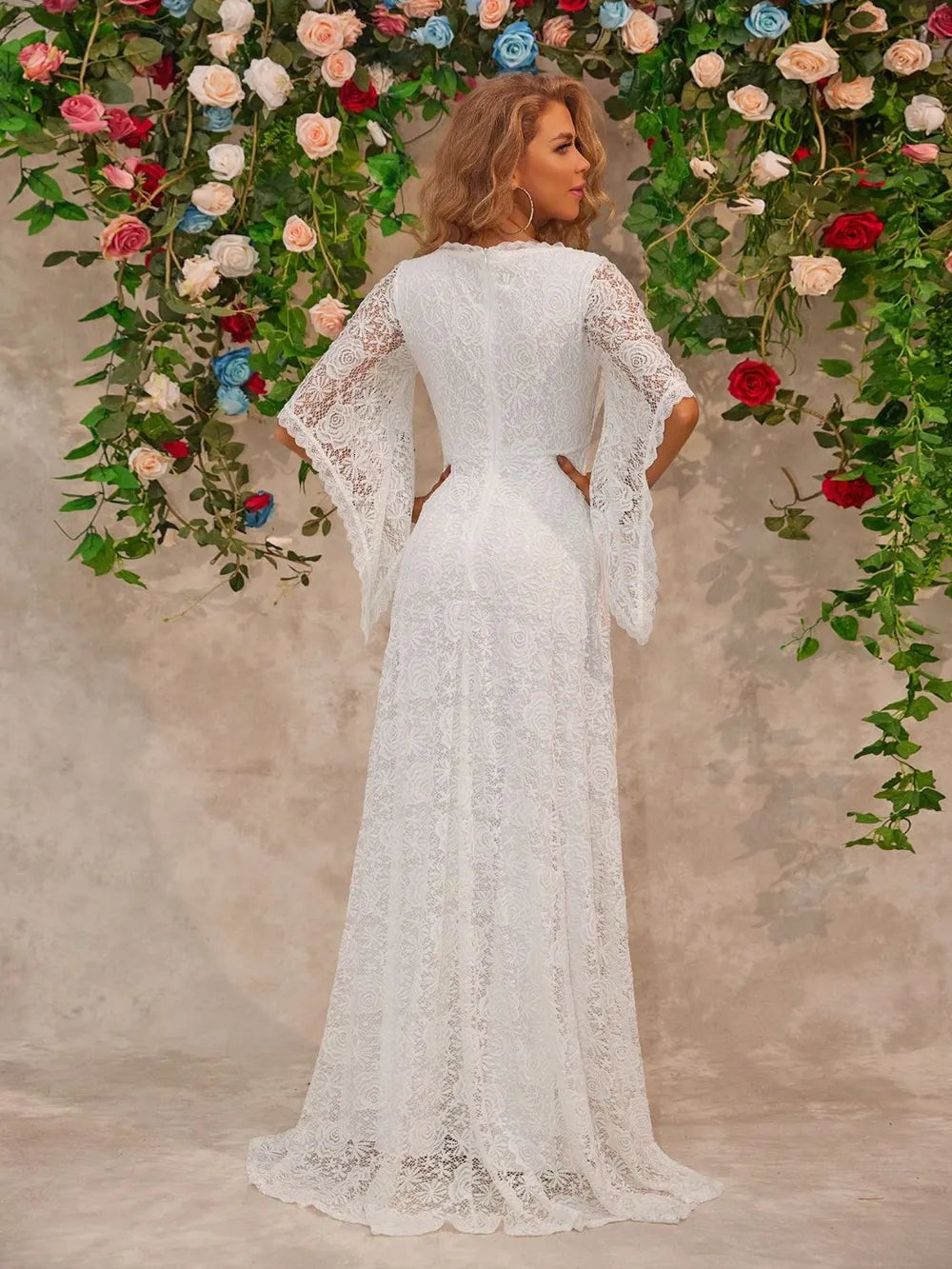 Lace V-Neck Floor-Length Dress in White by Jubilair